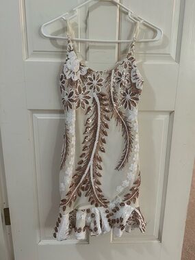 Hello Molly Ivory Slip Dress with Gold Sequin Floral Embroidery